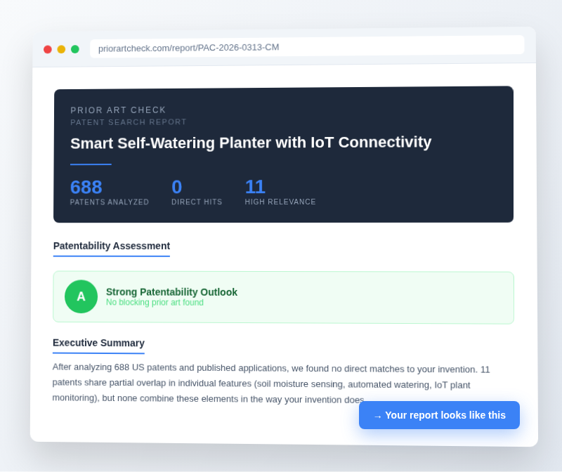Sample PriorArtCheck patent search report showing 688 patents analyzed, patentability assessment, and executive summary